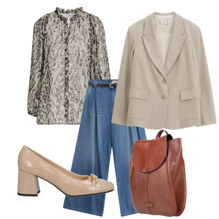 Outfit donna - Maculato su denim. Stile Casual chic per Ufficio. Abbinamento con camicie, décolleté, zaini, jeans, blazer.