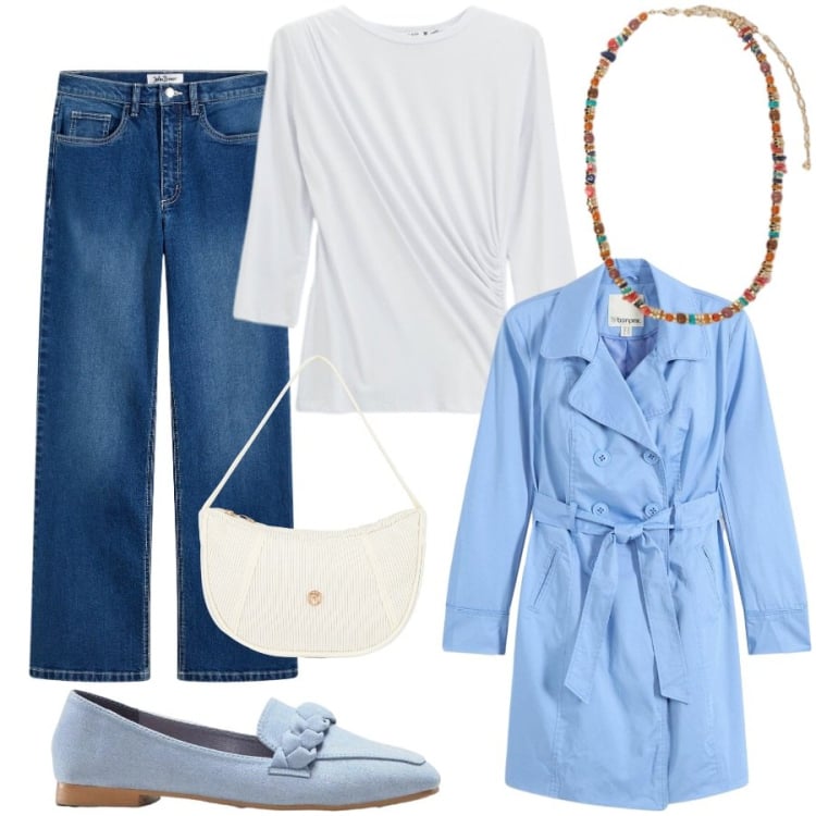 Outfit donna - Total look #2373149. Stile Casual chic per Ufficio. Abbinamento con trench, jeans, mocassini, collane, top, borse a mano.