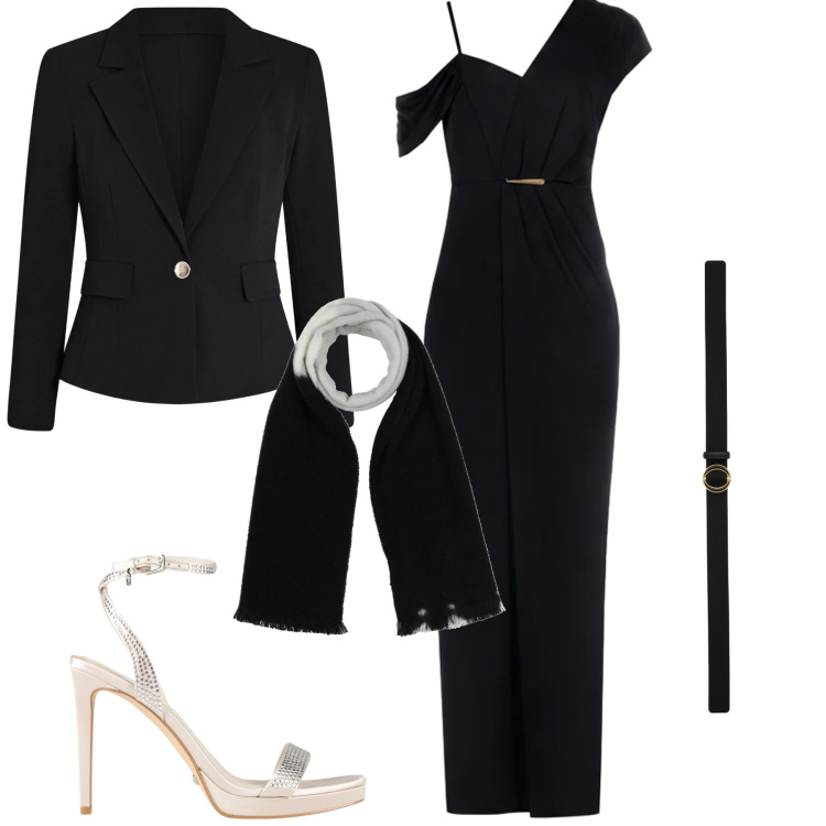 Outfit donna - Elegante. Stile Chic per Serata fuori. Abbinamento con sciarpe, sandali col tacco, blazer, vestiti lunghi, cinture.