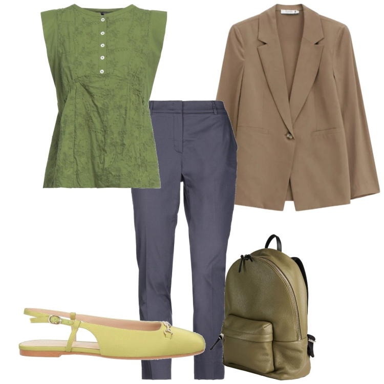 Outfit donna - Prima vera. Stile Bon Ton per Tutti i giorni. Abbinamento con ballerine, top, zaini, pantaloni, blazer.