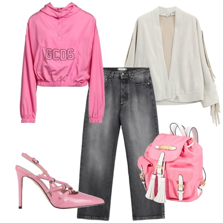 Outfit donna - Felpa e tacchi. Stile Trendy per Tutti i giorni. Abbinamento con zaini, décolleté, felpe con cappuccio, jeans, blazer.