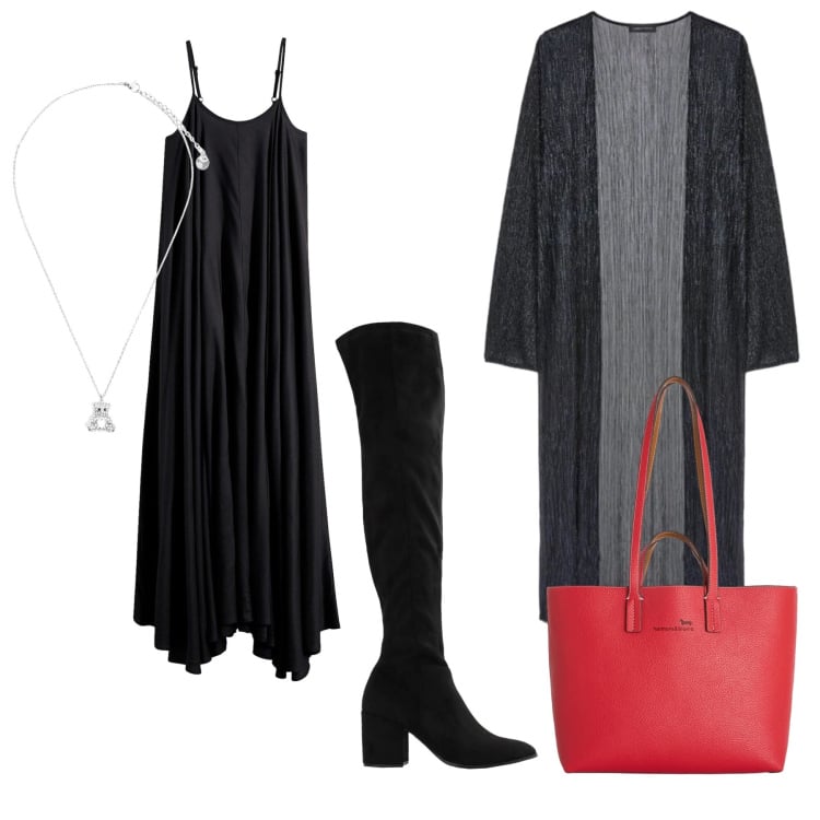 Outfit donna - Dark. Stile Minimal per Serata fuori. Abbinamento con stivali sopra il ginocchio, vestiti lunghi, cardigans, shopping bag, ciondoli.