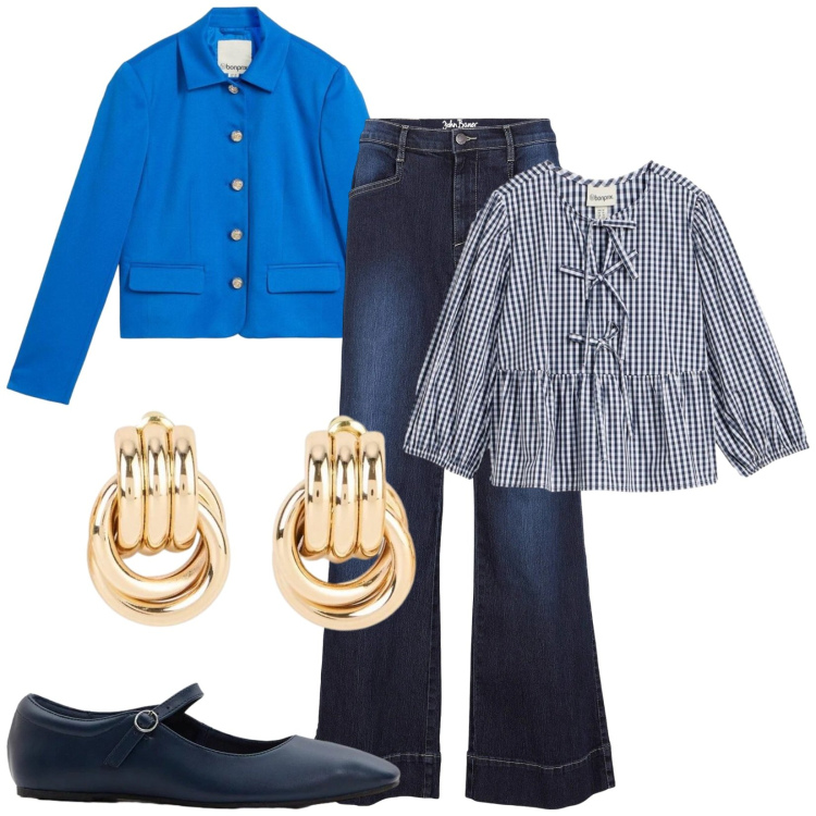 Outfit donna - Blazer tocco di luce. Stile Casual chic per Tutti i giorni. Abbinamento con bluse, jeans, orecchini, blazer, ballerine.