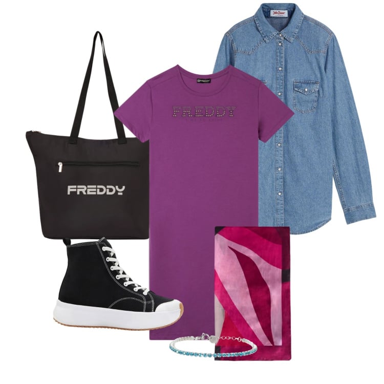 Outfit donna - Total look #2373211. Stile Minimal per Scuola/Università. Abbinamento con camicie, sneakers alte, foulard, vestiti, braccialetti, shopping bag.