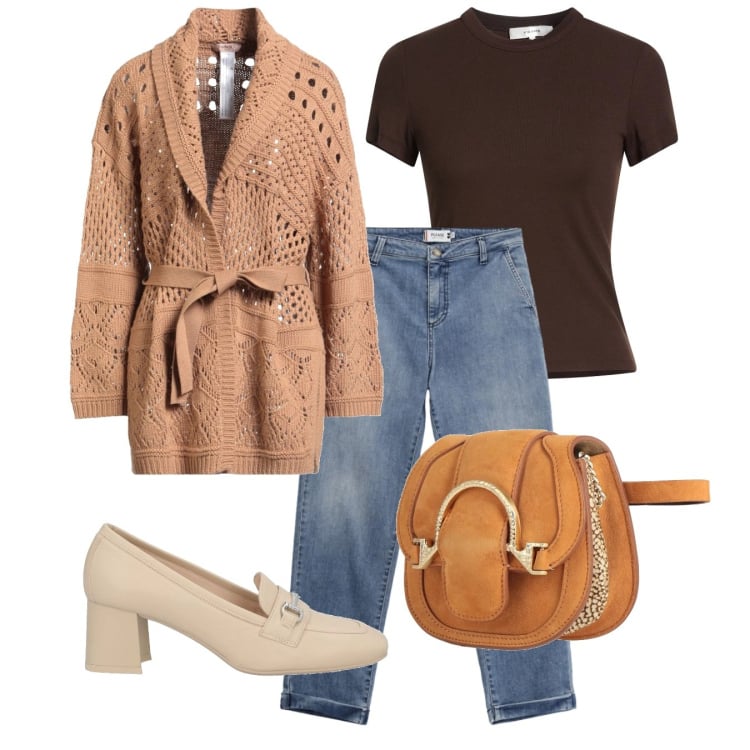 Outfit donna - Coffee. Stile Casual chic per Tutti i giorni. Abbinamento con marsupi, mocassini, cardigans, t-shirt, jeans.
