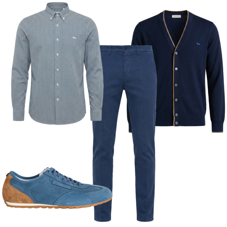 Outfit uomo - Blue. Stile Casual per Tutti i giorni. Abbinamento con sneakers, cardigans, pantaloni chino, camicie.