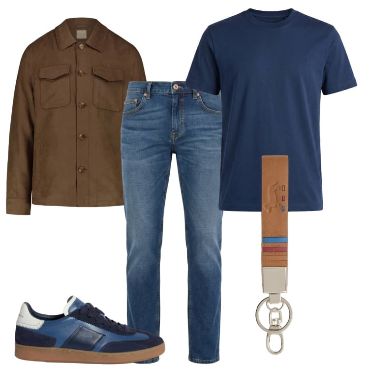 Outfit uomo - Marrone sui jeans. Stile Casual per Tutti i giorni. Abbinamento con portachiavi, sneakers, jeans, t-shirt, cappotti.