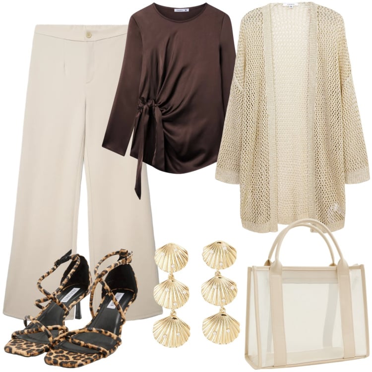 Outfit donna - Eleganza glamour. Stile Glamour per Tutti i giorni. Abbinamento con bluse, kimono, pantaloni, sandali col tacco, borse tote, orecchini.