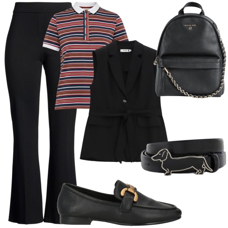 Outfit donna - Miranda Presley. Stile Glamour per Ufficio. Abbinamento con zaini, pantaloni, mocassini, gilet, cinture, polo.