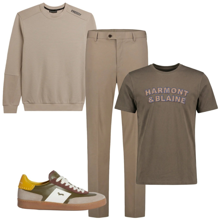 Outfit uomo - Beige. Stile Casual per Tutti i giorni. Abbinamento con sneakers, t-shirt, felpe, pantaloni.