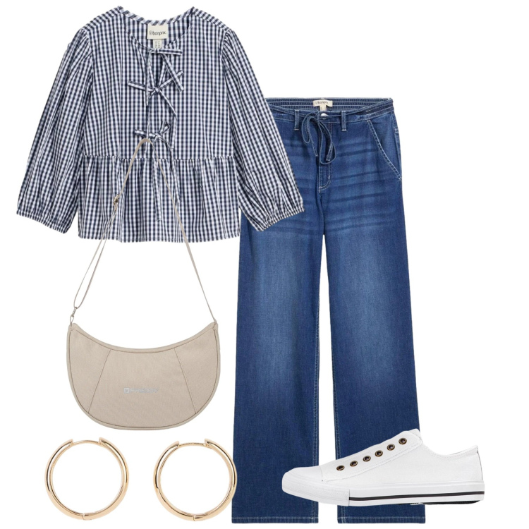 Outfit donna - Jeans e vichy. Stile Casual per Tutti i giorni. Abbinamento con jeans dritti, sneakers, bluse, orecchini, borse a spalla.
