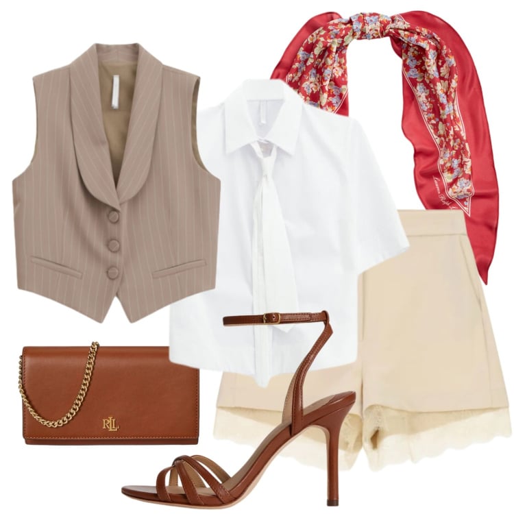 Outfit donna - Shorts. Stile Glamour per Serata fuori. Abbinamento con gilet, camicie a manica corta, shorts, sandali in pelle, borse a tracolla, foulard.