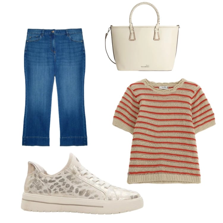 Outfit donna - Semplicemente neutral. Stile Casual per Tutti i giorni. Abbinamento con sneakers, jeans dritti, shopping bag, t-shirt.