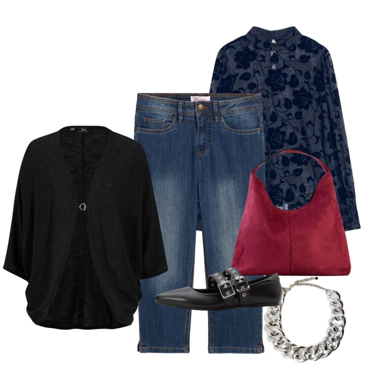 Outfit donna - Total look #2373264. Stile Sporty chic per Ufficio. Abbinamento con bluse, cardigans, ballerine, borse a spalla, jeans slim fit, collane.