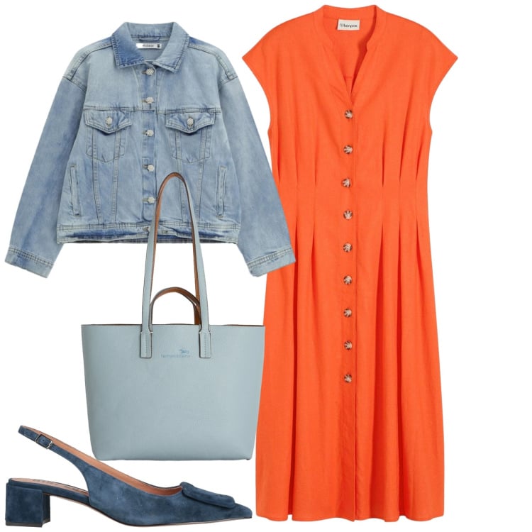 Outfit donna - Pomeriggio caldo. Stile Bon Ton per Tutti i giorni. Abbinamento con décolleté, vestiti midi/longuette, shopping bag, blazer.