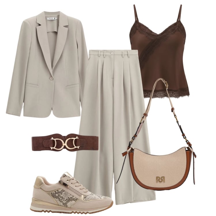 Outfit donna - Chic in sneakers. Stile Casual chic per Ufficio. Abbinamento con sneakers, cinture, borse a tracolla, canottiere, blazer, pantaloni a palazzo.