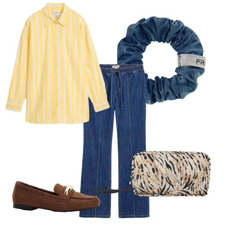 Outfit donna - Un camicione. Stile Casual per Tutti i giorni. Abbinamento con mocassini, camicie, jeans bootcut, valigie, accessori per capelli.