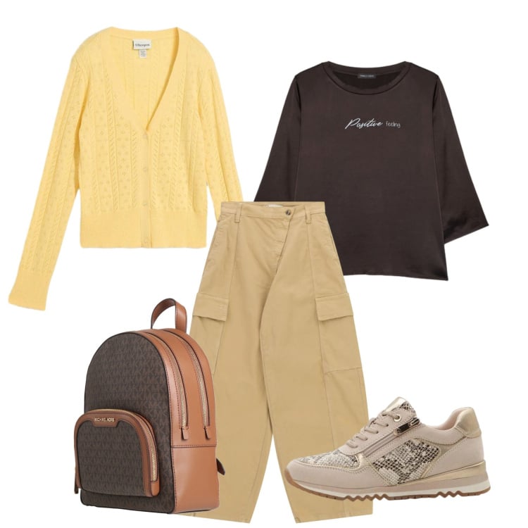 Outfit donna - Università. Stile Basic per Scuola/Università. Abbinamento con zaini, cardigans, sneakers, bluse, pantaloni cargo.