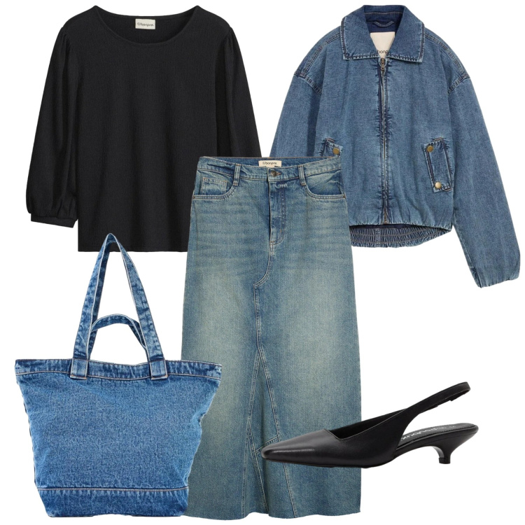 Outfit donna - All denim. Stile Casual chic per Tutti i giorni. Abbinamento con shopping bag, gonne, bomber, décolleté, bluse.