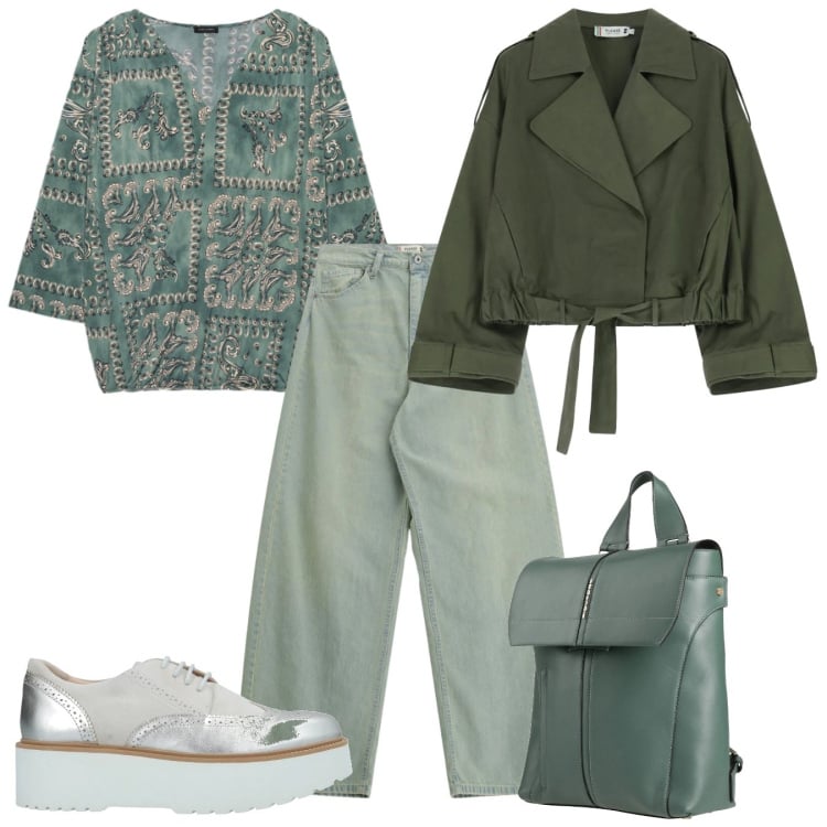 Outfit donna - Life in green. Stile Casual per Tutti i giorni. Abbinamento con scarpe stringate, zaini, t-shirt, jeans, parka.