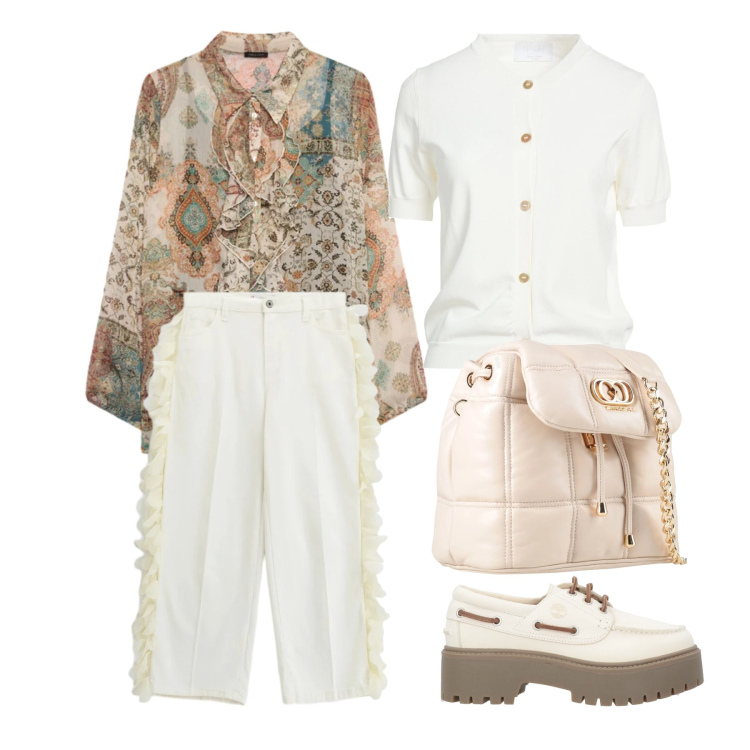 Outfit donna - Marzo. Stile Trendy per Tutti i giorni. Abbinamento con valigie, cardigans, mocassini, camicie, pantaloni.