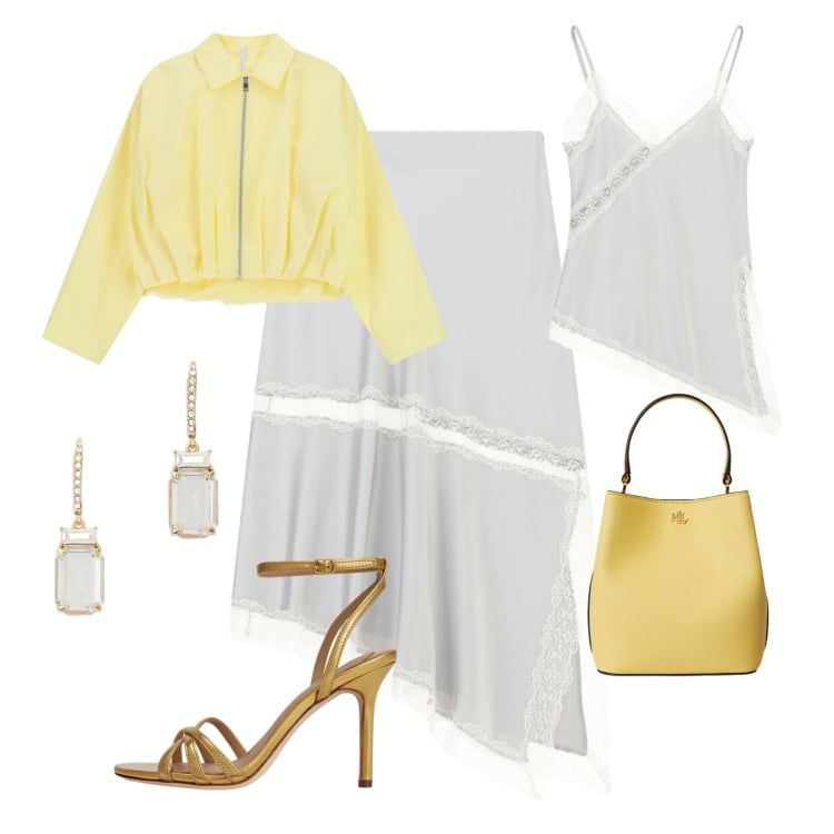 Outfit donna - New collection p/e 26. Stile Chic per Cerimonia. Abbinamento con canottiere, gonne longuette, bomber, orecchini, sandali in pelle, borse a secchiello.