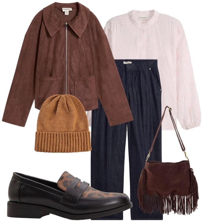 Outfit donna - Total look #2373295. Stile Casual per Scuola/Università. Abbinamento con berretti, mocassini, borse a tracolla, cappotti, jeans dritti, camicie.