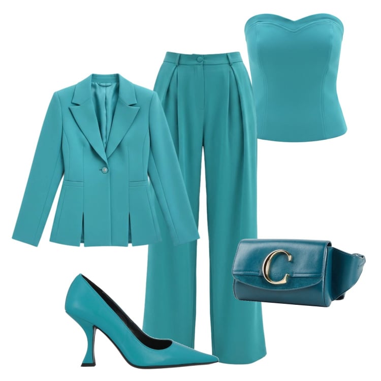 Outfit donna - Cerimonia verde smeraldo. Stile Chic per Cerimonia. Abbinamento con décolleté, marsupi, blazer, pantaloni a palazzo, top.