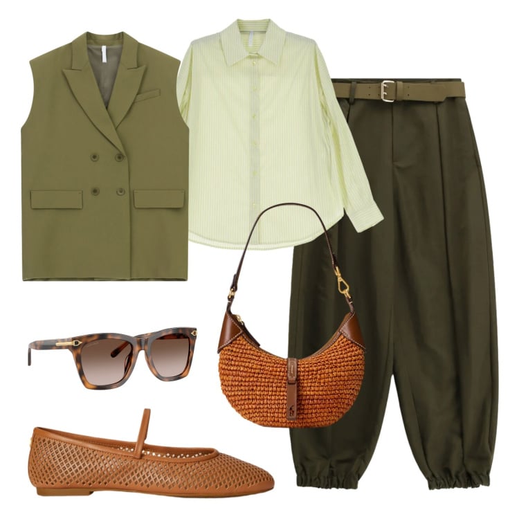 Outfit donna - Safari urbano. Stile Trendy per Tutti i giorni. Abbinamento con camicie, pantaloni, gilet, occhiali da sole, borse a spalla, ballerine.