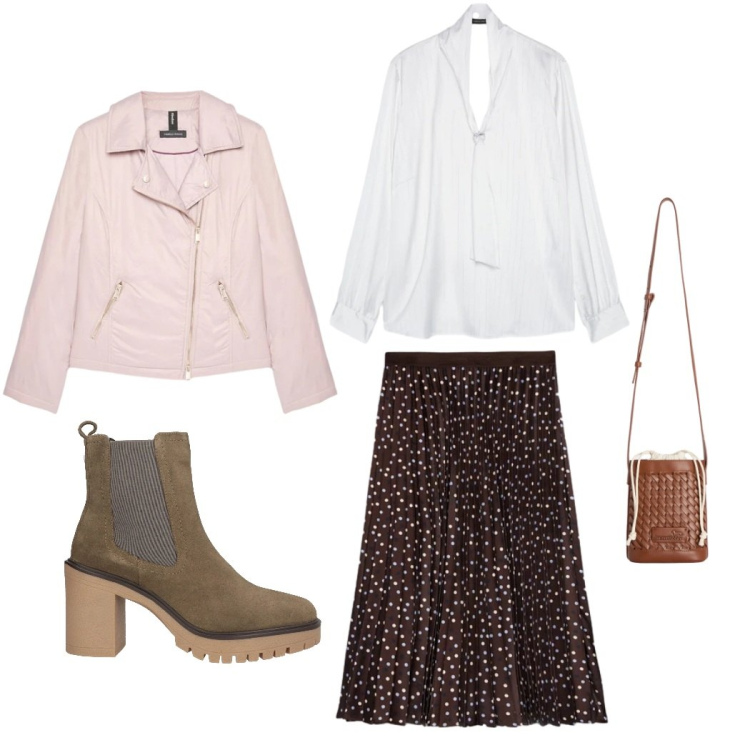 Outfit donna - Total look #2373302. Stile Casual chic per Ufficio. Abbinamento con stivaletti chelsea, piumini, gonne lunghe, bluse, borse a secchiello.