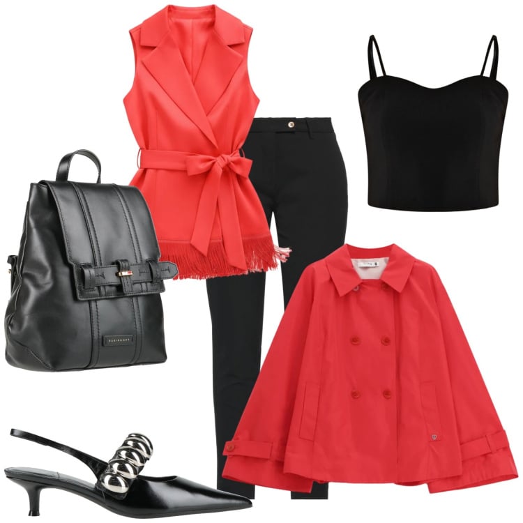 Outfit donna - Impostazioni. Stile Glamour per Serata fuori. Abbinamento con pantaloni, décolleté, zaini, top, gilet, giacche.