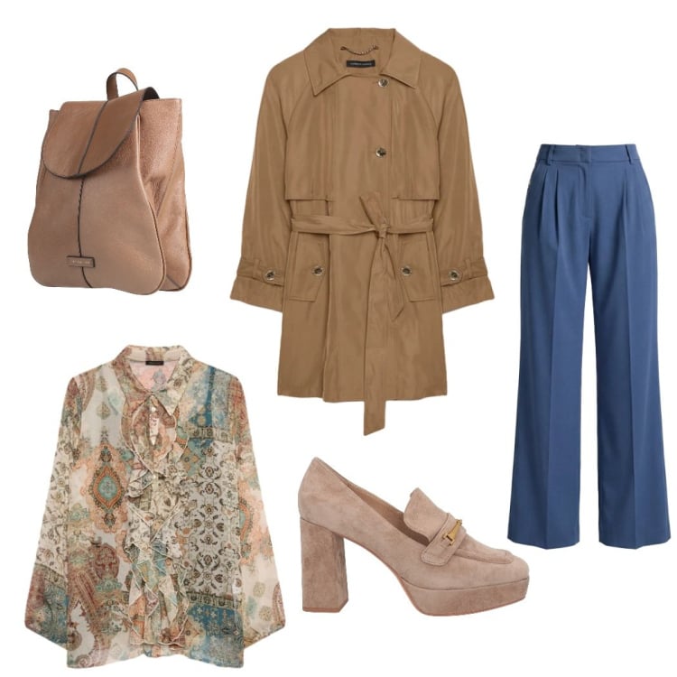 Outfit donna - Total look #2373310. Stile Casual chic per Serata fuori. Abbinamento con mocassini, zaini, trench, camicie, pantaloni.