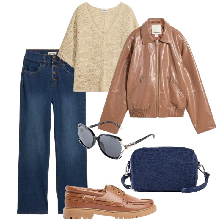Outfit donna - Mood ‘80. Stile Casual per Tutti i giorni. Abbinamento con cappotti, mocassini, t-shirt, jeans dritti, borse a tracolla, occhiali da sole.