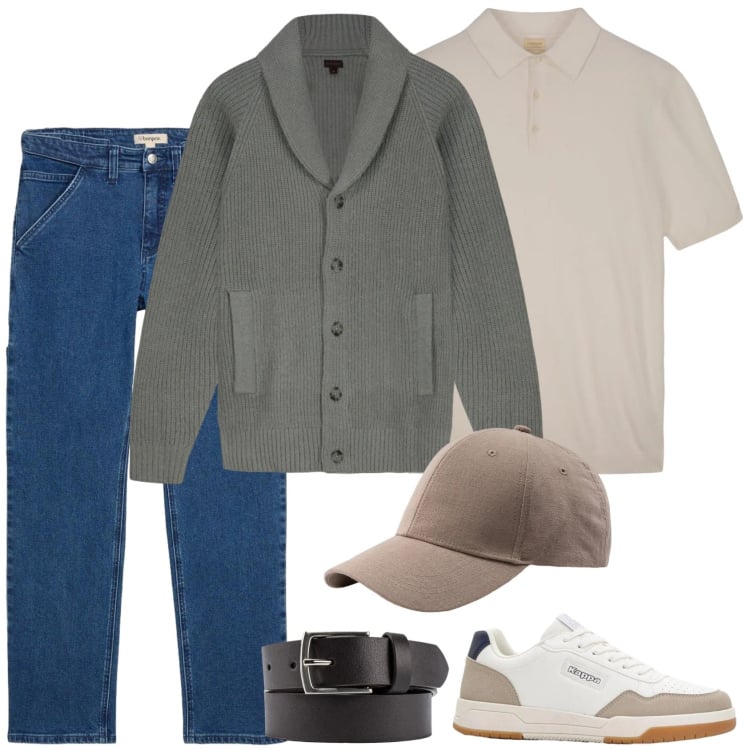 Outfit uomo - Cardigan e cap. Stile Casual per Tutti i giorni. Abbinamento con sneakers, jeans dritti, cardigans, polo, cappelli con visiera, cinture.