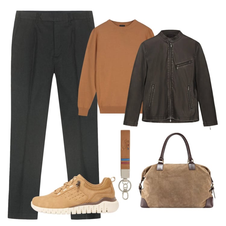 Outfit uomo - Stile smart casual. Stile Urban per Tutti i giorni. Abbinamento con sneakers, portachiavi, borse sportive, giacche, maglieria, pantaloni.