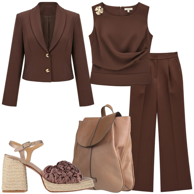 Outfit donna - Marrone per un aperitivo. Stile Glamour per Tutti i giorni. Abbinamento con zaini, espadrillas, blazer, top, pantaloni a palazzo.