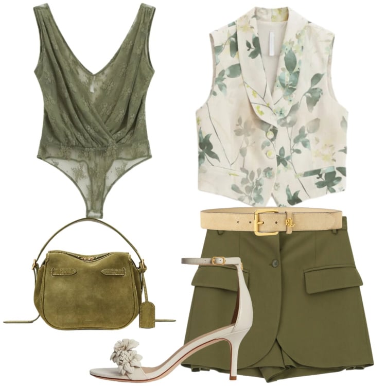 Outfit donna - Gilet a fiori. Stile Glamour per Serata fuori. Abbinamento con gilet, shorts, top, sandali in pelle, borse a mano, cinture.