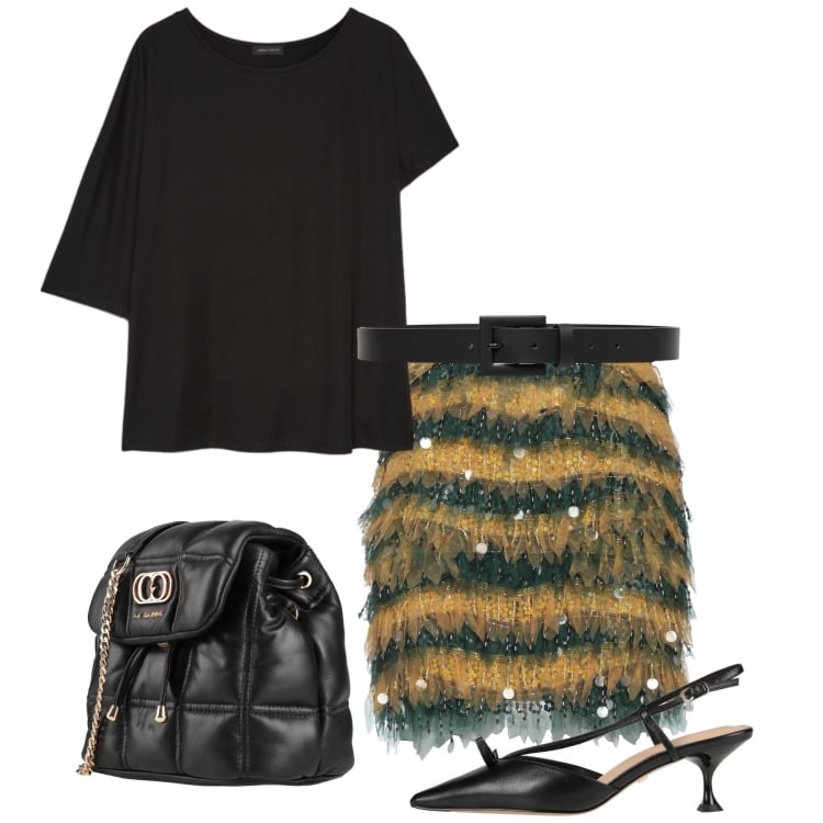 Outfit donna - Serata. Stile Chic per Serata fuori. Abbinamento con décolleté, valigie, minigonne, t-shirt, cinture.