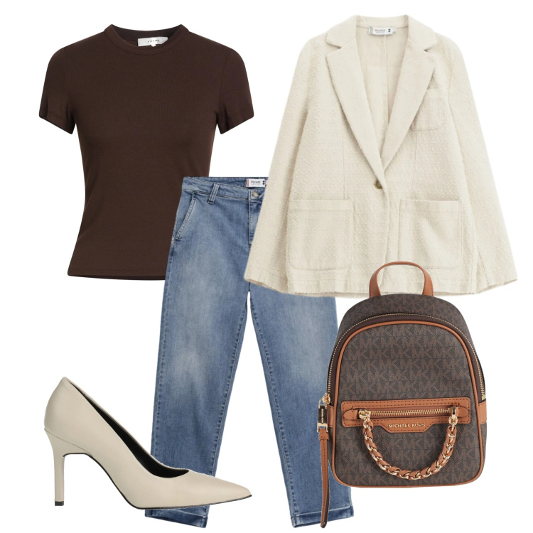 Outfit donna - Ufficio in jeans. Stile Casual chic per Ufficio. Abbinamento con zaini, décolleté, t-shirt, jeans, blazer.