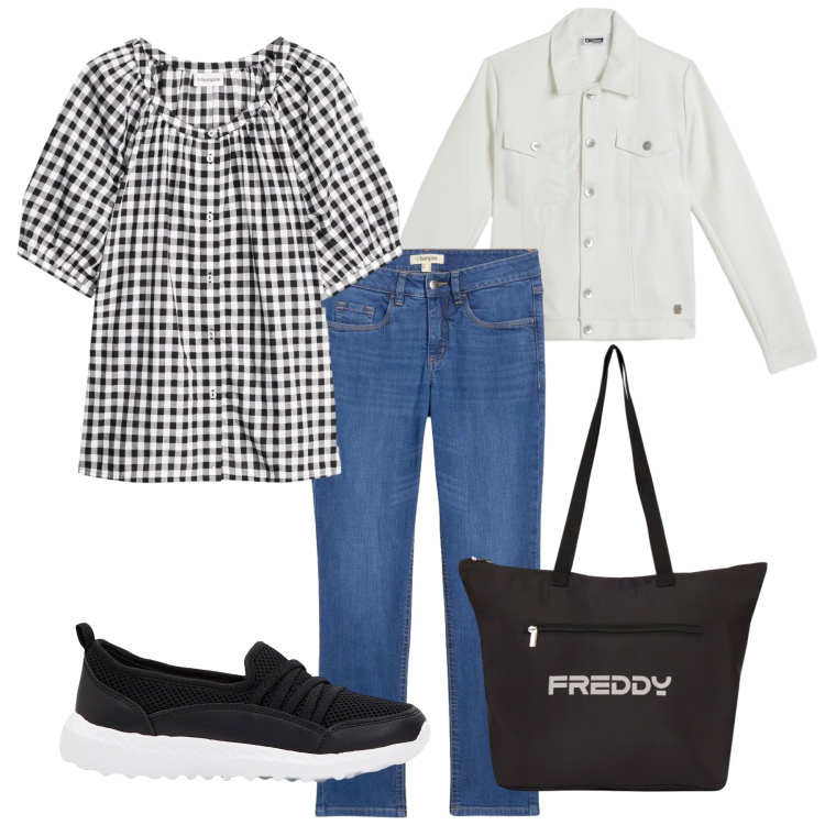 Outfit donna - Vichy. Stile Basic per Tutti i giorni. Abbinamento con bluse, sneakers, jeans slim fit, giacche, shopping bag.