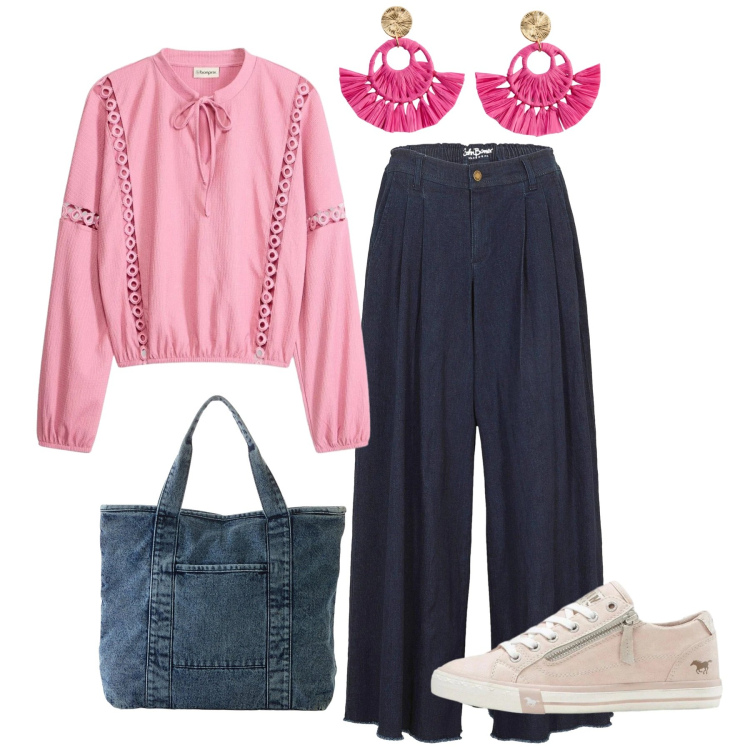 Outfit donna - Pink start. Stile Bon Ton per Tutti i giorni. Abbinamento con gonne, sneakers, orecchini, shopping bag, bluse.