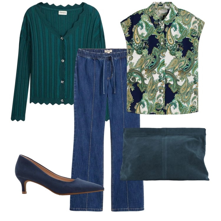 Outfit donna - Tocco smeraldo. Stile Bon Ton per Ufficio. Abbinamento con cardigans, jeans bootcut, camicie, décolleté, pochette.