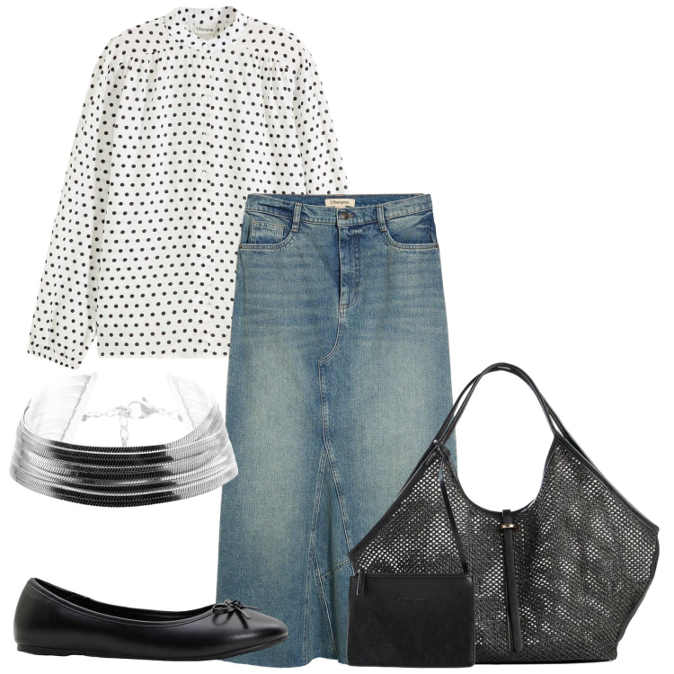 Outfit donna - Denim e pois. Stile Bon Ton per Tutti i giorni. Abbinamento con gonne, ballerine, shopping bag, camicie, braccialetti.