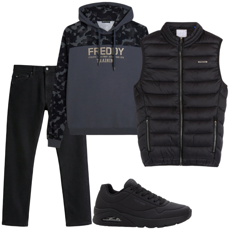 Outfit uomo - Total look #2373366. Stile Casual per Tutti i giorni. Abbinamento con sneakers, jeans, piumini, felpe con cappuccio.