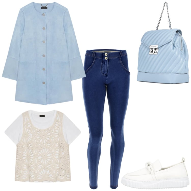 Outfit donna - Celeste come il cielo. Stile Casual per Tutti i giorni. Abbinamento con mocassini, zaini, cappotti, t-shirt, jeggings.