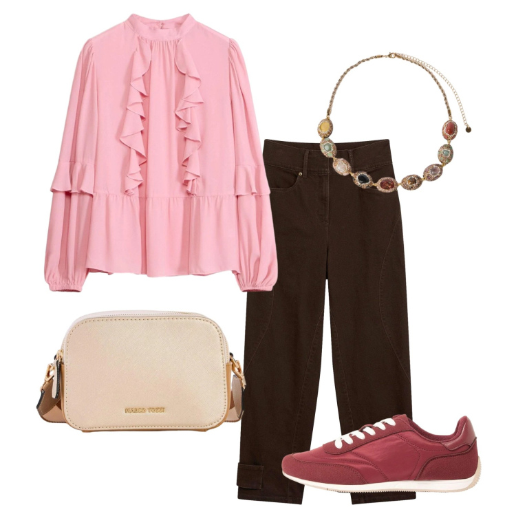 Outfit donna - Caffè e marshmallow. Stile Bon Ton per Scuola/Università. Abbinamento con sneakers, pantaloni, bluse, borse a tracolla, collane.