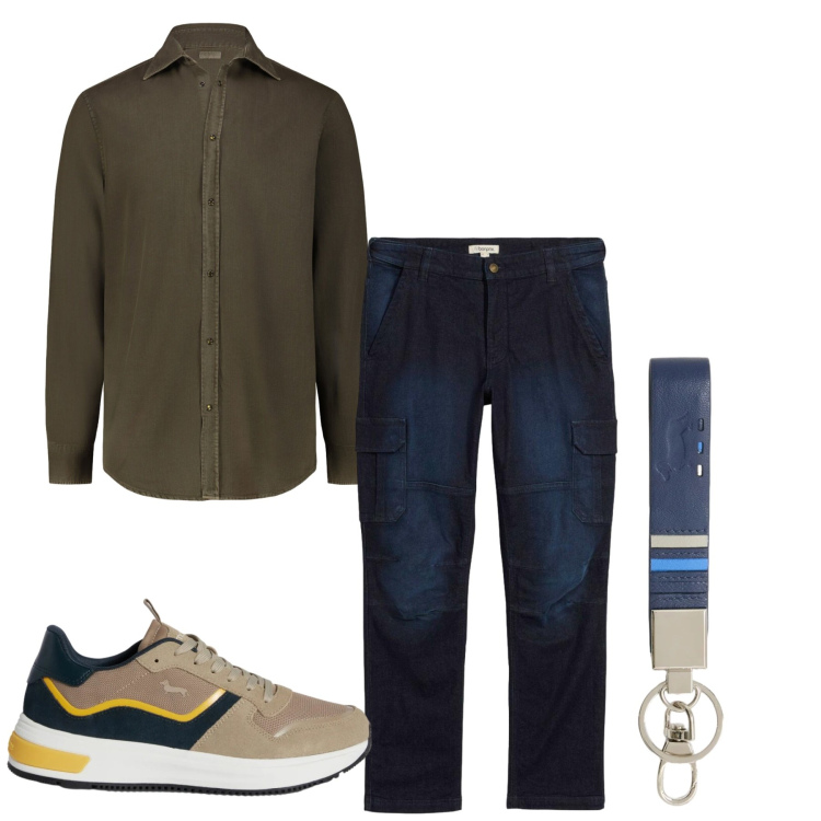 Outfit uomo - Equilibrio. Stile Casual per Tutti i giorni. Abbinamento con jeans dritti, portachiavi, sneakers, camicie.