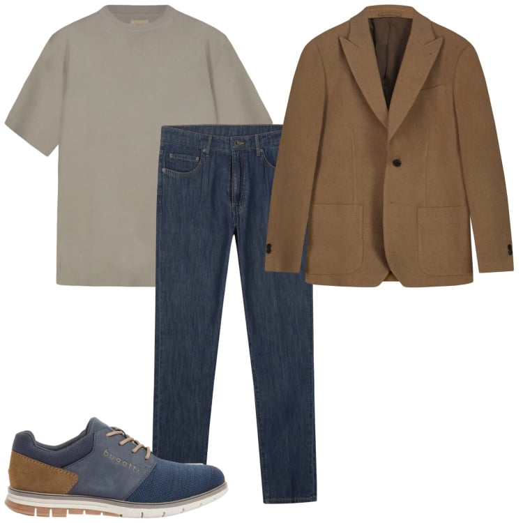 Outfit uomo - Sinergia di colore. Stile Casual per Tutti i giorni. Abbinamento con scarpe stringate, jeans, giacche, t-shirt.