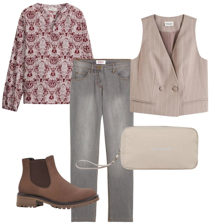 Outfit donna - Boho mood. Stile Boho per Tutti i giorni. Abbinamento con jeans dritti, gilet, stivaletti, bluse, valigie.