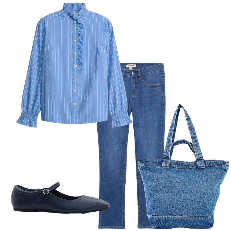 Outfit donna - Pomeriggio tutto azzurro. Stile Bon Ton per Tutti i giorni. Abbinamento con shopping bag, ballerine, camicie, jeans slim fit.